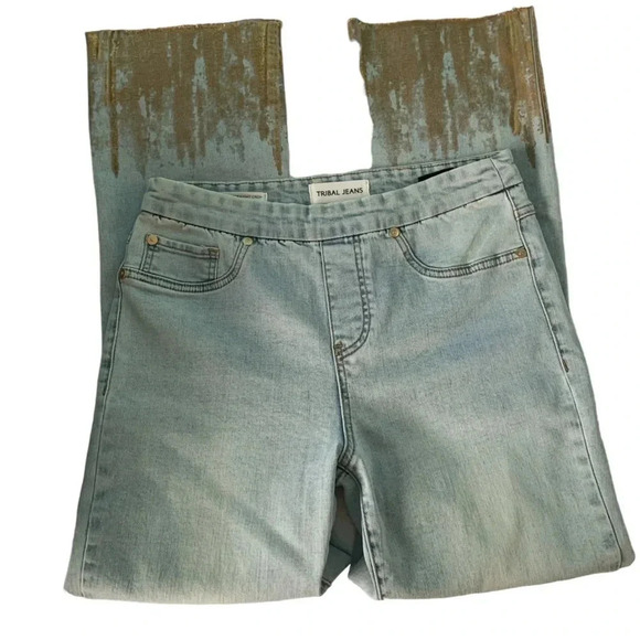 Tribal Audrey Mid Rise Straight Crop Gold Dipped Pull On Jeans Size 4 - Picture 3 of 14